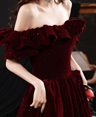 Off Shoulder Wine Red Velvet A-line Party Dress, Wine Red Prom Dress