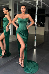 P1128 - Off-Shoulder Scoop High Slit Pleats Sleeveless Long Party Prom Dress