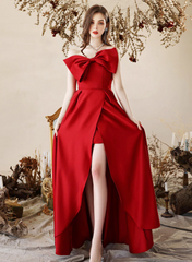 Red Satin Long Party Dress with Leg Slit, Red Satin Prom Dress Formal Dress