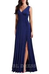 A-line V Neck Sleeveless Split formal dresses Bridesmaid Dresses evening gown Prom Dress