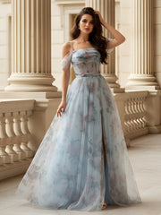 Off-the-Shoulder Tulle Gown with Romantic Floral Print