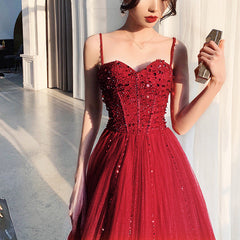 Wine Red Tulle Beaded Straps Beaded Formal Dress, Dark Red Evening Dress Party Dresses