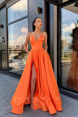P1138 - Classic A-Line Straps V-Neck Satin Slit Praty Formal Prom Dress with Pockets