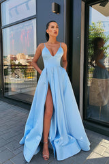 P1138 - Classic A-Line Straps V-Neck Satin Slit Praty Formal Prom Dress with Pockets
