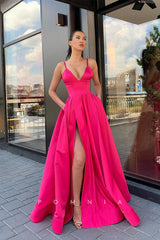 P1138 - Classic A-Line Straps V-Neck Satin Slit Praty Formal Prom Dress with Pockets