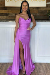 Neon Pink Strapless Ruched Long Prom Dress with Attached Train