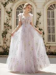Sheer Bodice A-Line Gown with Field Flower Embroidery Lavender