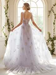 Sheer Bodice A-Line Gown with Field Flower Embroidery Lavender