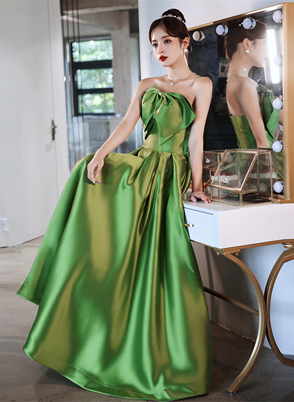 Green Satin A-line Long Formal Dress, Green Simple Pretty Floor Length Prom Dress