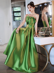 Green Satin A-line Long Formal Dress, Green Simple Pretty Floor Length Prom Dress