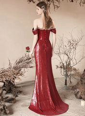 Wine Red Sequins Mermaid Long Party Dress, Wine Red Sequins Evening Dress