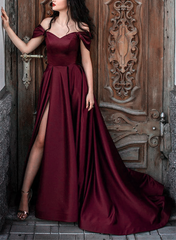 Wine Red Satin A-line Long Wedding Party Dress, Wine Red Off Shoulder Prom Dress
