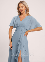A-line V Neck Sleeve Ruffle formal dresses Bridesmaid Dresses evening gown Prom Dress with Slit
