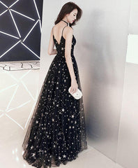 Black v neck tulle long prom dress, black evening dress