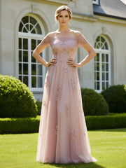 Evening Formal Dress with Illusion Bodice Dusty Rose