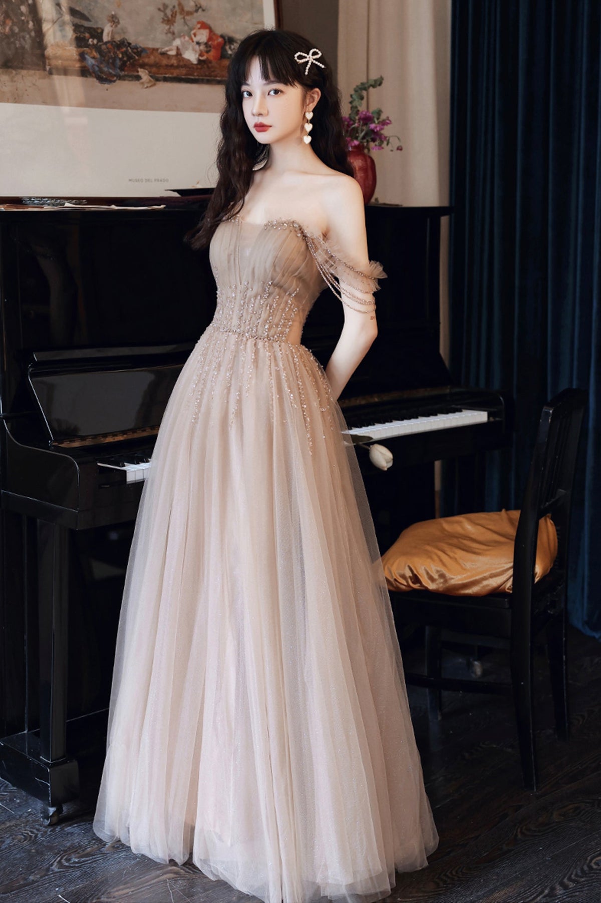 Cute Tulle Long Prom Dress with Beaded,  A-Line Off the Shoulder Evening Dress