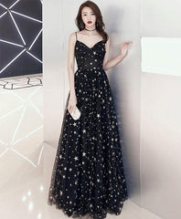 Black v neck tulle long prom dress, black evening dress