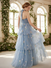High-Neck Ball Gown with Bow-Tie Closure and Sheer Details Dusty Blue