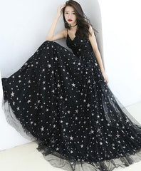 Black v neck tulle long prom dress, black evening dress