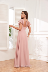 A-line Square Neck Chiffon Sleeves Ruffle formal dresses Bridesmaid Dresses evening gown Prom Dress with High Low