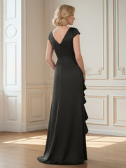 V-Neck Cap Sleeve Sheath Gown with Side Ruffles Black