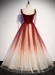 Red Sweetheart Velvet and Tulle Straps Long Party Dress, Gradient Tulle A-line Prom Dress