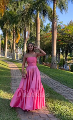 Strapless Pink Floor Length Satin Slit Ball Gown formal dresses Bridesmaid Dresses evening gown Prom Dress