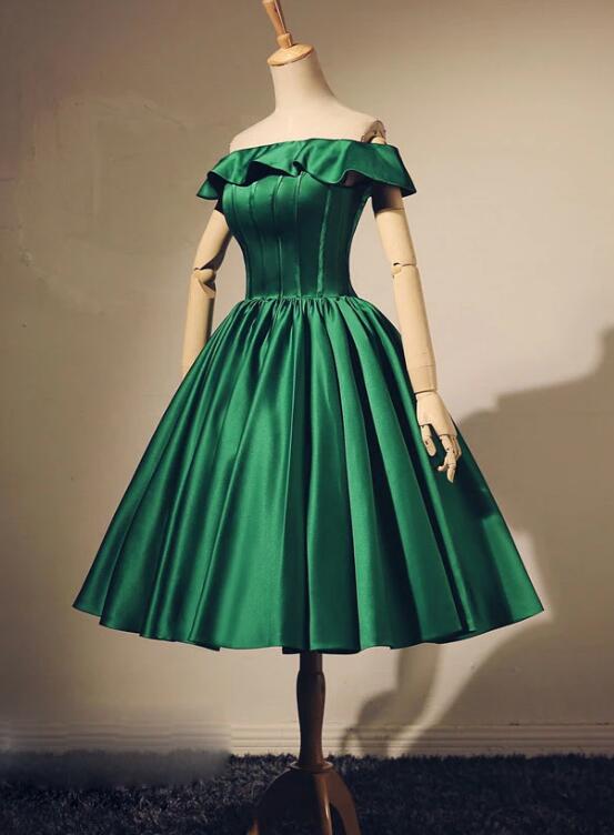 Lovely Green Satin Off Shoulder Knee Length Homecoming Dress, Short Prom Dress