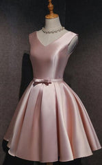 Lovely Dark Pink Short Satin V-neckline Party Dress, Pink Homecoming Dress
