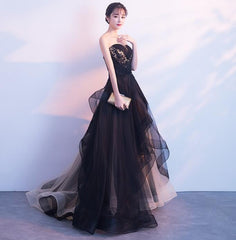 Beautiful Black and Champagne Tulle Sweethart Party Dress, Black Gown