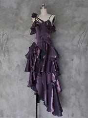 Lovely Purple High Low Straps Satin Long Prom Dress, Purple Satin Homecoming Dress