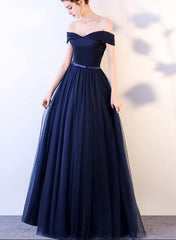 Charming Navy Blue Tulle A-line Prom Dress , Off Shoulder Bridesmaid Dress