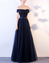 Charming Navy Blue Tulle A-line Prom Dress , Off Shoulder Bridesmaid Dress