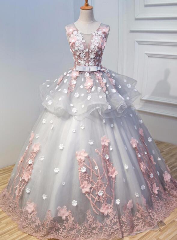 Gorgeous Grey Tulle Long Party Gown, Appliques Lace Up Sweetheart 16 Gown