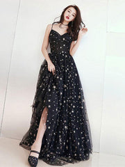Black v neck tulle long prom dress, black evening dress