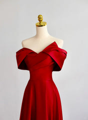 Red Satin Off Shoulder Sweetheart Long Party Dress, Red Satin Prom Dress
