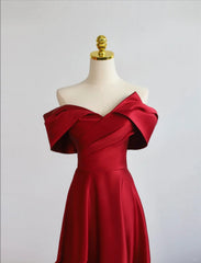 Red Satin Off Shoulder Sweetheart Long Party Dress, Red Satin Prom Dress