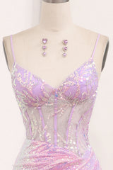Light Purple Sequined Mermaid Long Corset Prom Dress With Slit Sparkly