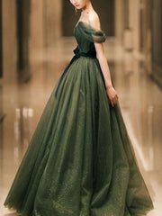 Simple green tulle long prom dress, green tulle evening dress