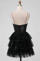 Black Sequins V-Neck A Line Ruffle Homecoming Dress