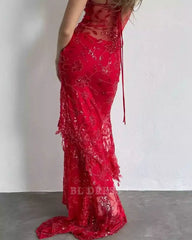 Sheath Spaghetti Straps Red Long formal dresses Bridesmaid Dresses evening gown Prom Dress
