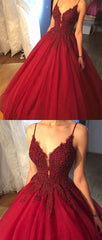 Beaded V Neck Burgundy Prom Dress with Lace Flowers, Burgundy Formal Gown