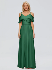 Thin shoulder strap ruffled chiffon and floor length bridesmaid dress