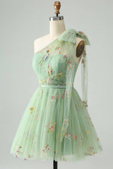 One-Shoulder A-Line Sage Green Homecoming Dress