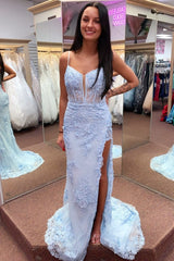 Pink Floral Lace Split Neck Mermaid Long Prom Dress with Slit