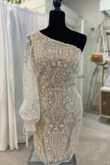 Ivory Beaded One-Sleeve Lace-Up Cocktail Dress