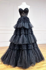 Strapless Tulle Sweetheart Tiered A-Line Long Prom Dress with Ruffles