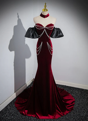 Wine Red Sweetheart Velvet Mermaid Long Formal Party Dress HZ0319