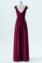 Magenta Chiffon Cap Sleeve Backless Bridesmaid Dress