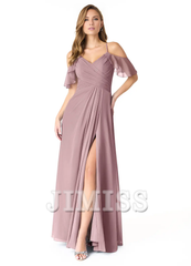 A-line V-neck pleated chiffon side slit and floor length bridesmaid dress - Jimiss Dress